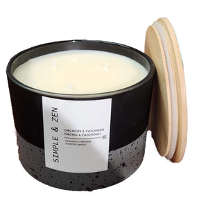 13669- Glass Candle with Bamboo Lid - Fragrance Orchid & Patchouli  -12x8.5cm - Unit price:  8.50$(Min: Case of 6)