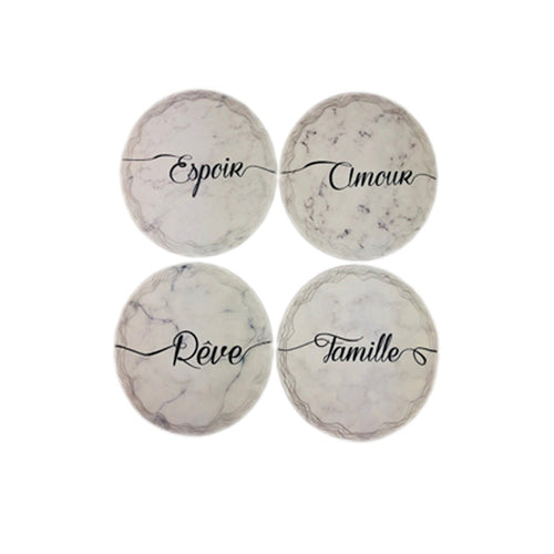 60162 -  4  Round Coasters Marble with Quote - White - 10.8cm - Unit price: 4.85$ (Min: Case of 6)