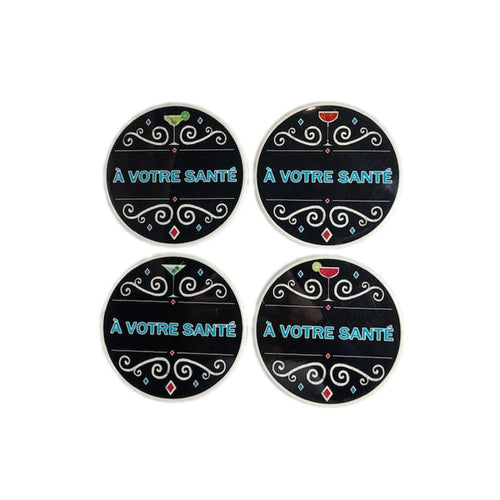 60167 -    4  Round Coasters With Quote  - Black - 10.8cm - Unit price: 4.85$ (Min: Case of 6)