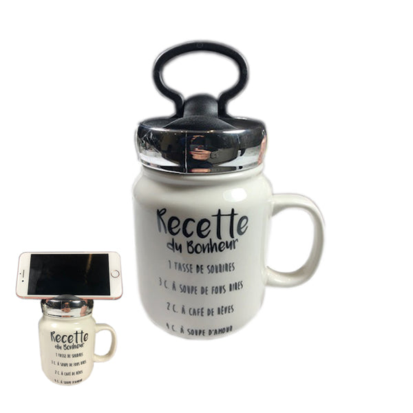 60418 -  Ceramic Mug with Black Lid Multifunction with Quote - Unit price:  3.9$(Min: Case of 6)